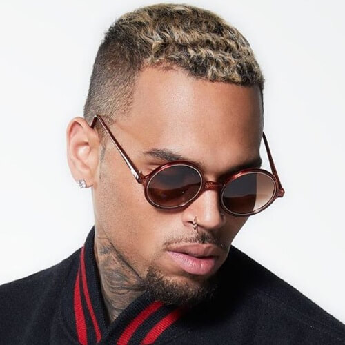 chris brown short length hair with side part high fade skin