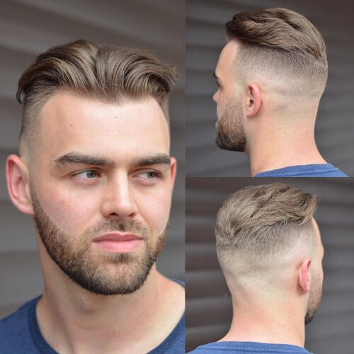 textured comb quiff with bald side part fade and back bald fade