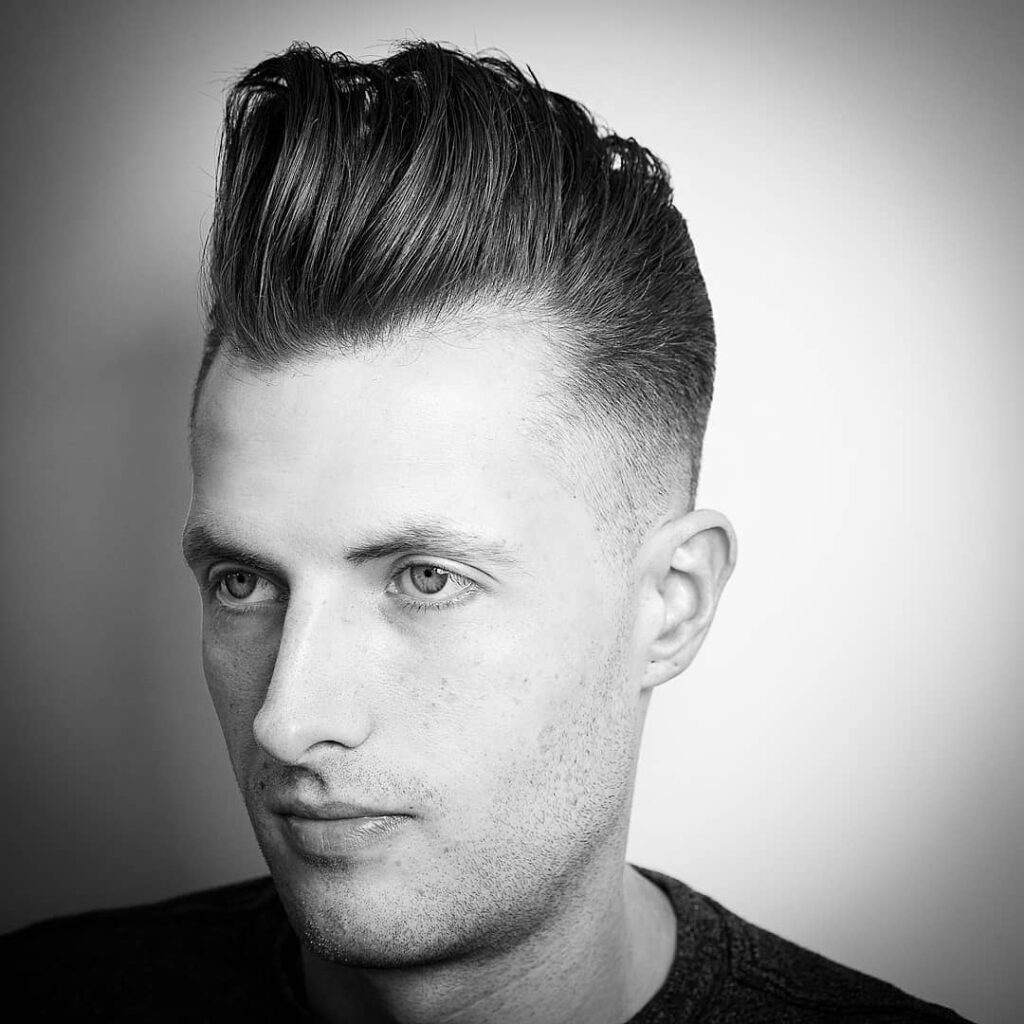 michaelmartinthebarber Brushed Up Hair long pomp side part haircut mid fade