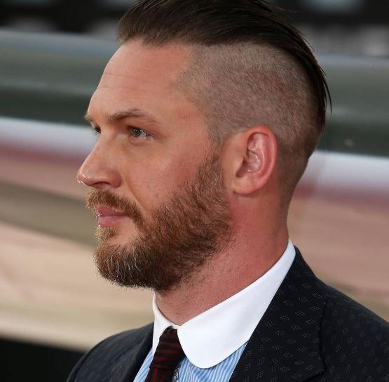 tom hardy short hair with side part bald fade taper style